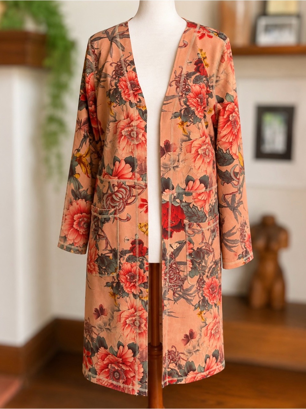 Solitaire Faux Suede Floral Open Front Duster Blush Pink Size Medium - Picture 5 of 5